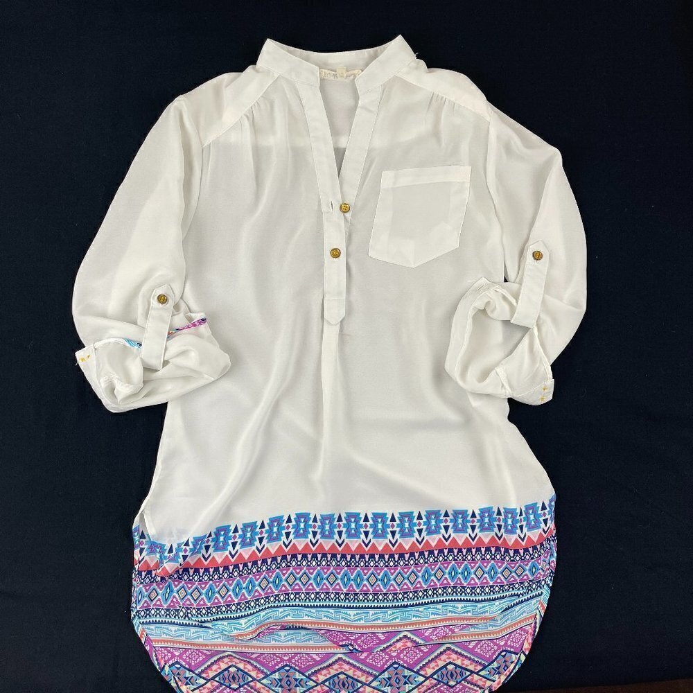 Wishful Park Blouse Womens Size 3 White Blue Aztec Roll Tab Sleeve Gold Buttons